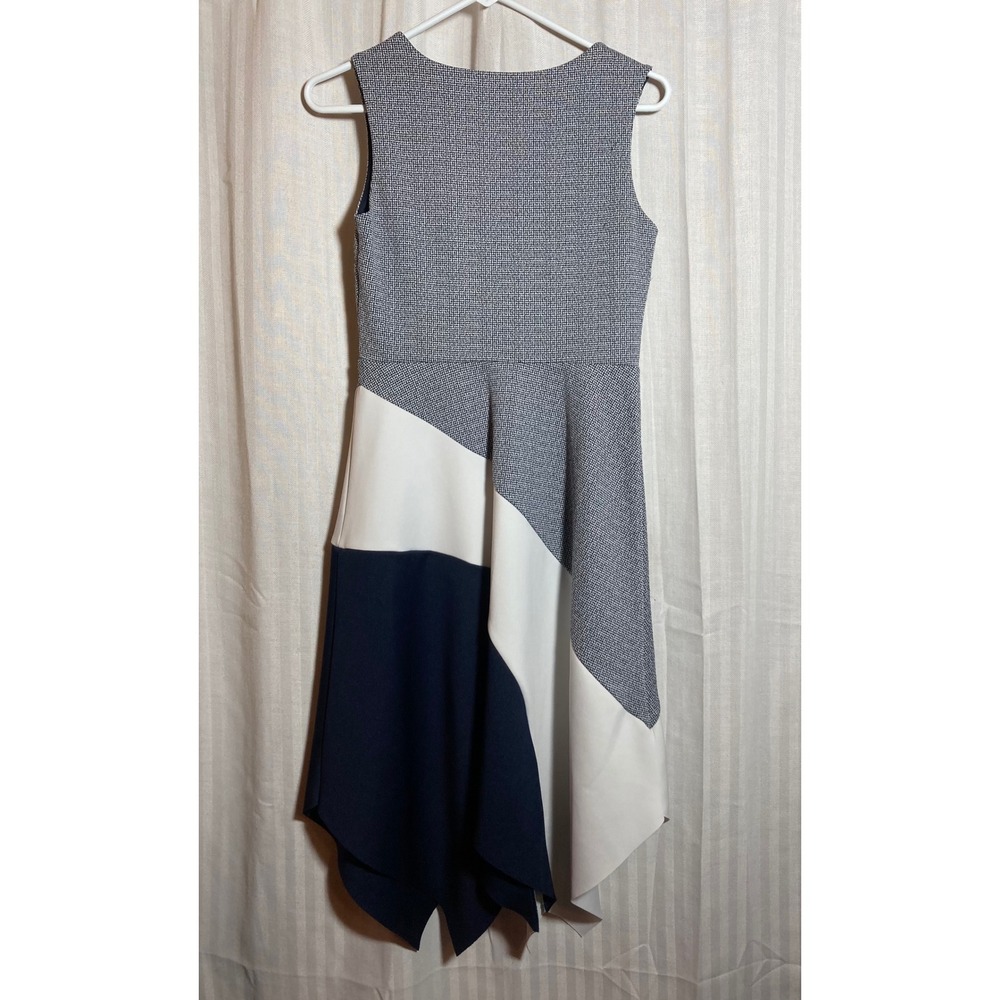 Geometric Enfocus Studio Womens Navy White Colorblock Handkerchief Hem Dress 4 - Picture 2 of 8